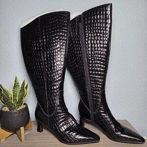 NEW!!! Naturalizer Deesla Extra Wide Calf Knee High Boots Black Croc Leather-7 W